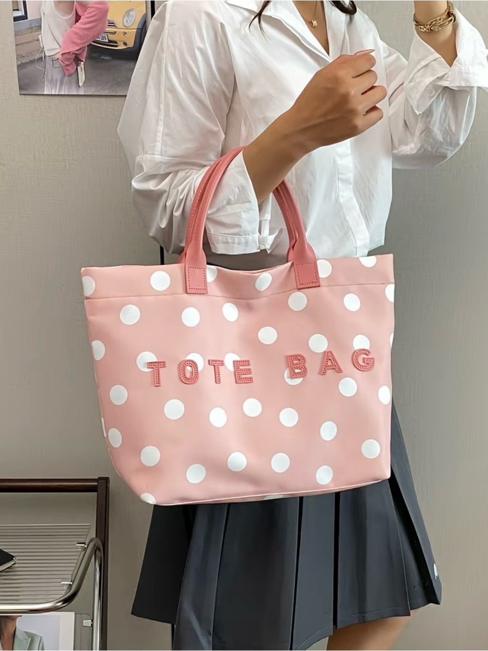 Polka Dot Pink Tote Bag with Top Handles
